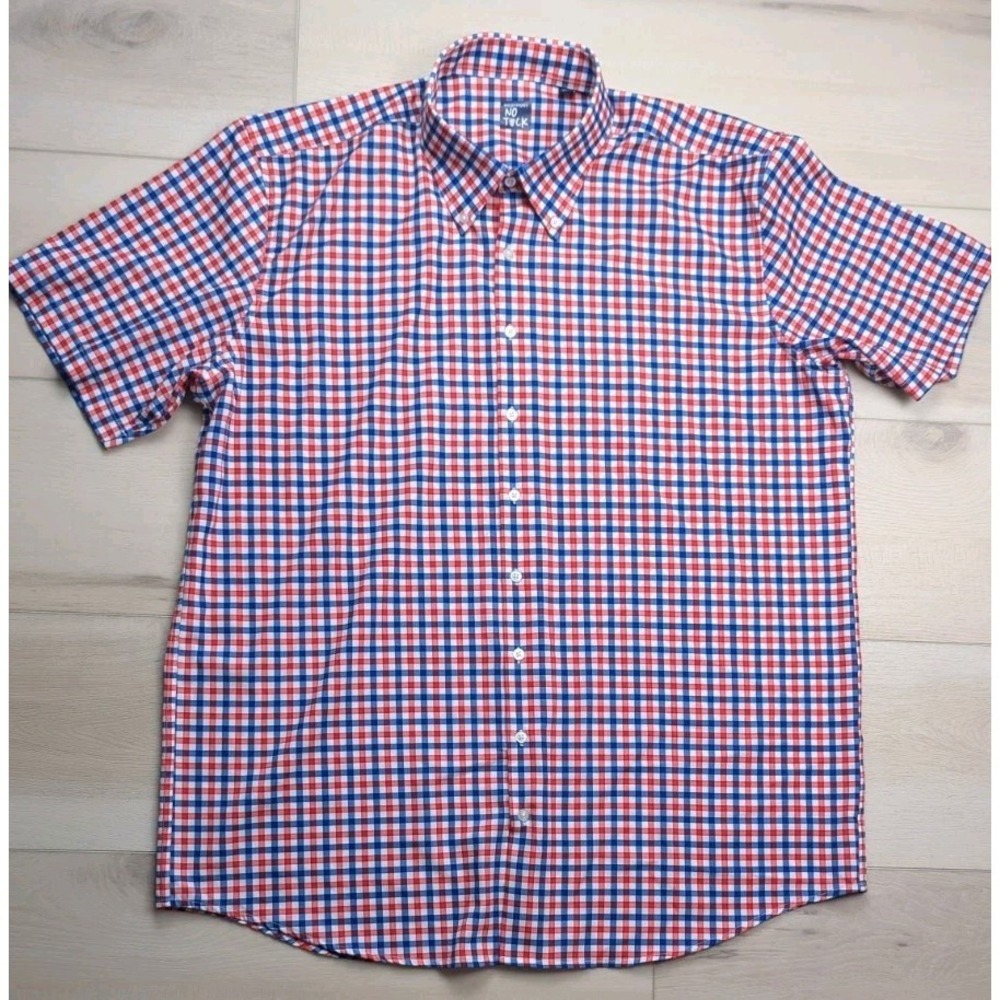 Westport No Tuck Men 2XT Short Sleeve Button Down Blue Red Gingham Plaid Stretch